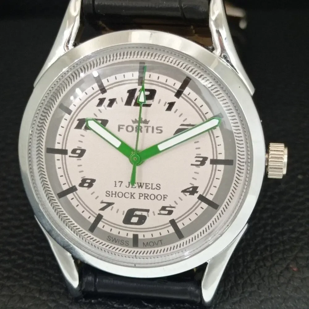 Vintage 1975 Fortis Manual Mens Silver Watch W/Leather Strap & Green accents